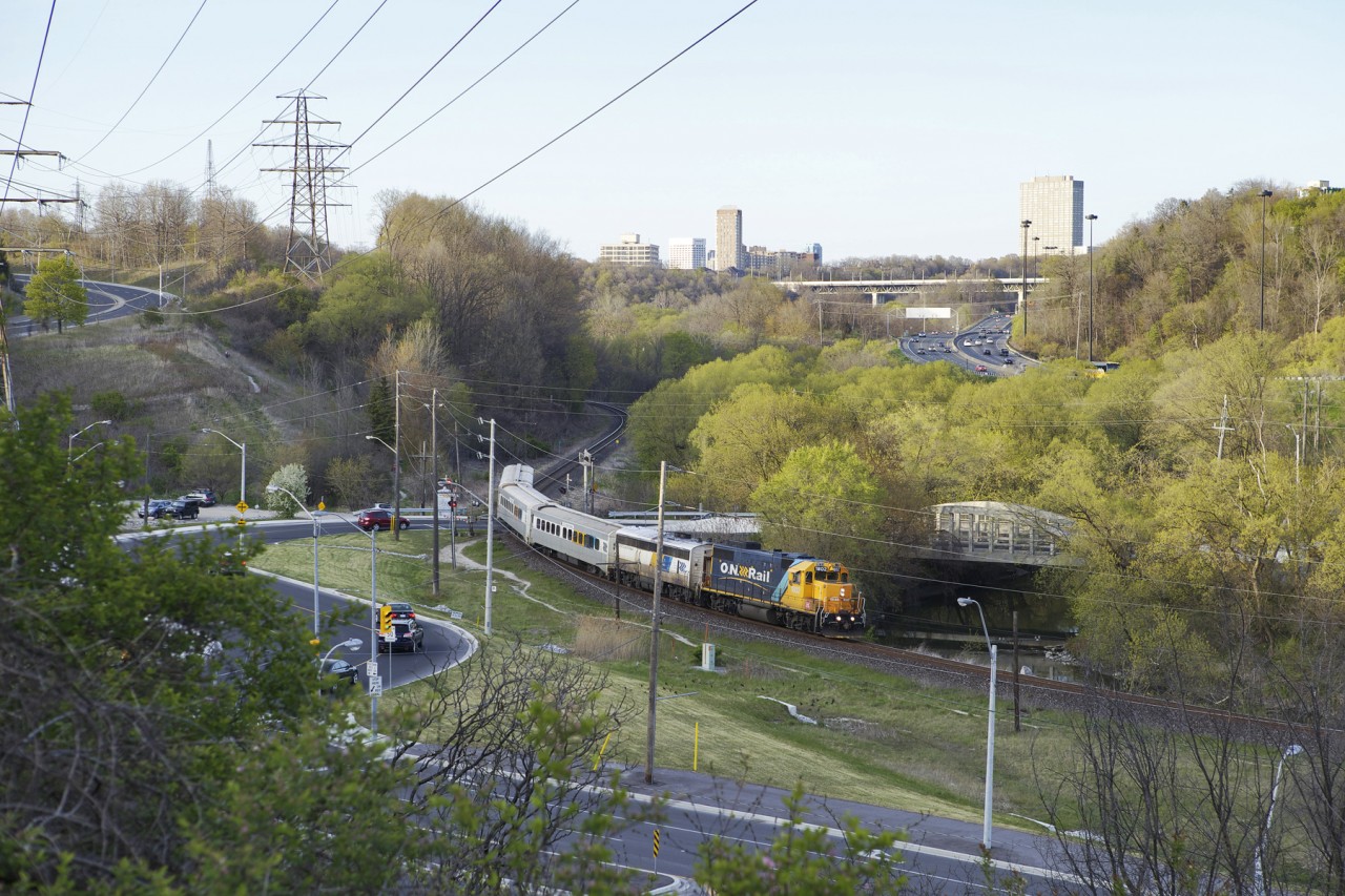 In the final months of ONTC\'s existence, a southbound Northlander weaves it\'s way through the scenic Don Valley near the Brickworks.