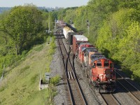 CN 567 heads east through Bayview with a duo of veteran geeps and a newly-acquired C40-8W.