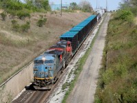 IC 2458 leads CN train 501 downhill from Sarnia to the international St. Clair Tunnel to Port Huron, Michigan.