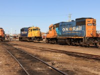 1601, 2200, and 1801 rest at Ontario Northland's Cochrane passenger yard awaiting their next assignments and an uncertain future.