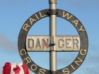 Older style crossing protection device on display at Prescott Park in Capreol, Ont.