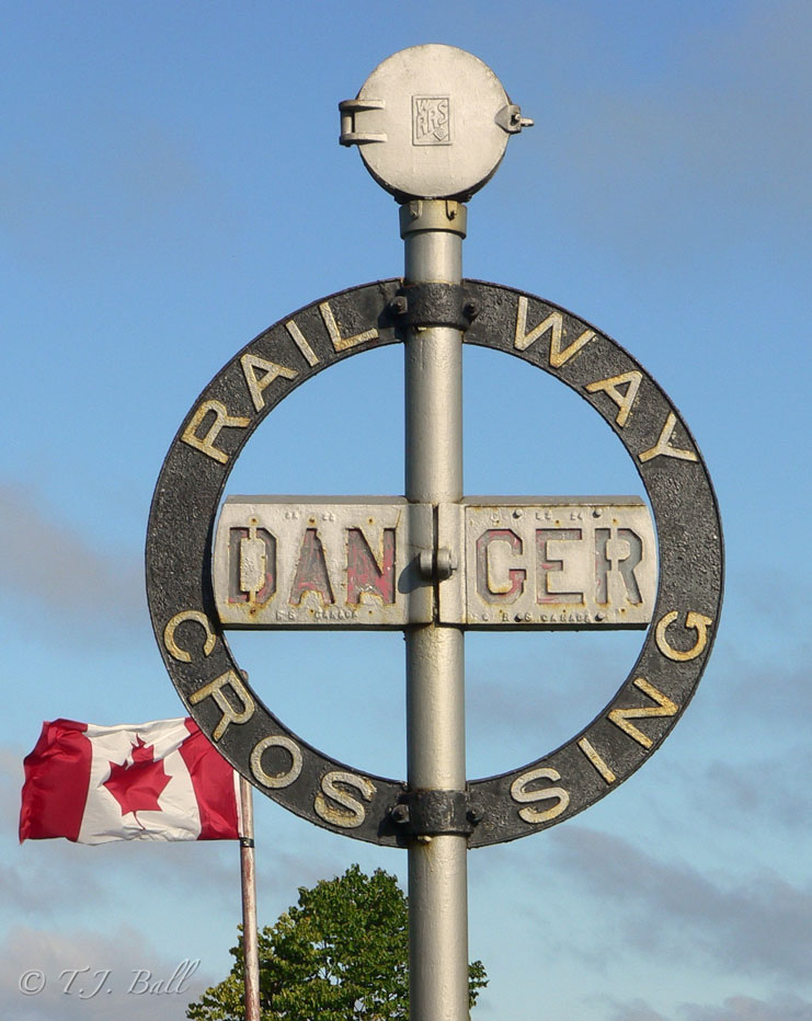 Older style crossing protection device on display at Prescott Park in Capreol, Ont.