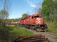 CP 640 is just south of Waterdown @ 17:31 with CP 6050 - SOO 6058 - DM&E 6368 - CP 5965 who are keeping the 1 cover-up car and 80 loads in check as they are head down the hill towards Hamilton.