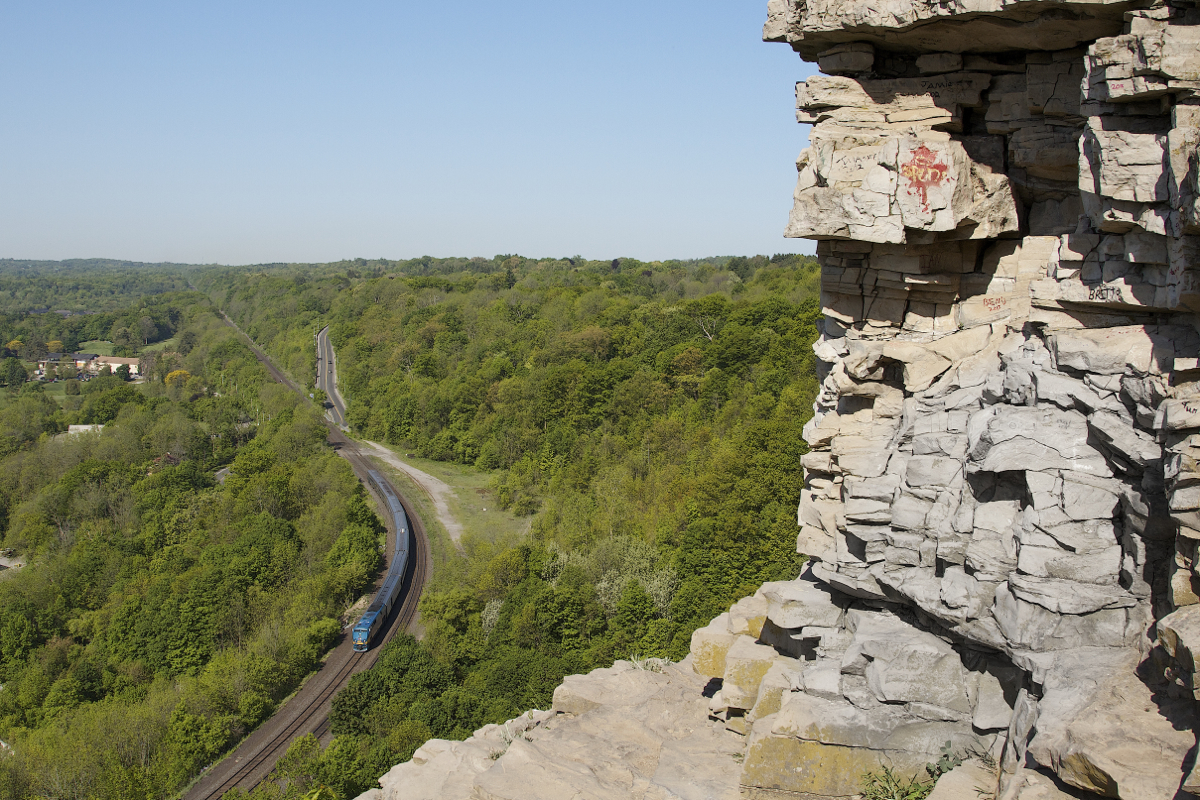 After hiking up to the top of the Dundas Peak, the first eastbound was VIA 70 led by 912.