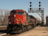 CN 2652 glides pass the Signal in Brantford. Look at the banged up number boards on the unit.
