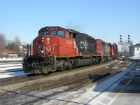 CN 5358 leads a Westbound train pass Brantford VIA Rail station.