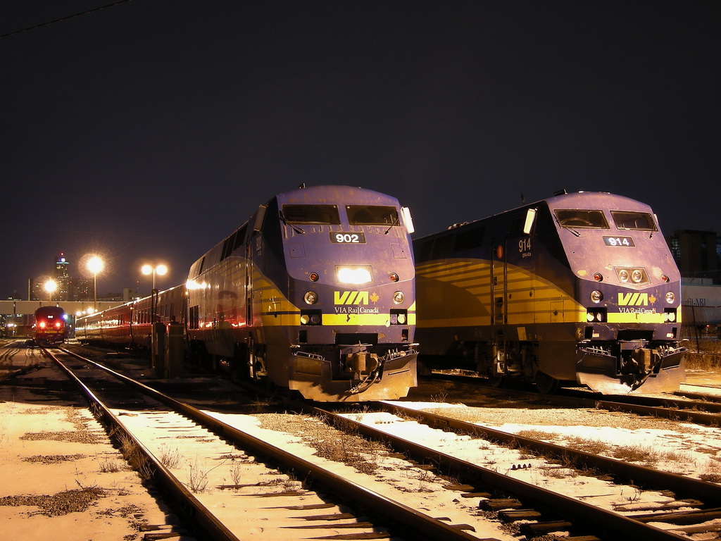 VIA 902, VIA 914, and VIA 912 all rest at VIA\'s Walkerville Station over night. 912 was brought down for an extra train that was departing the next day.