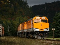 Agawa Canyon day-trippers all back on board, CN 633 departs Canyon just as a hole opens up in the black clouds. CN 104 leads the consist, all still in DRGW Ski Train bumblebee paint. Post-processing consisted solely of resizing and sharpening, other than that this image is straight from the camera.