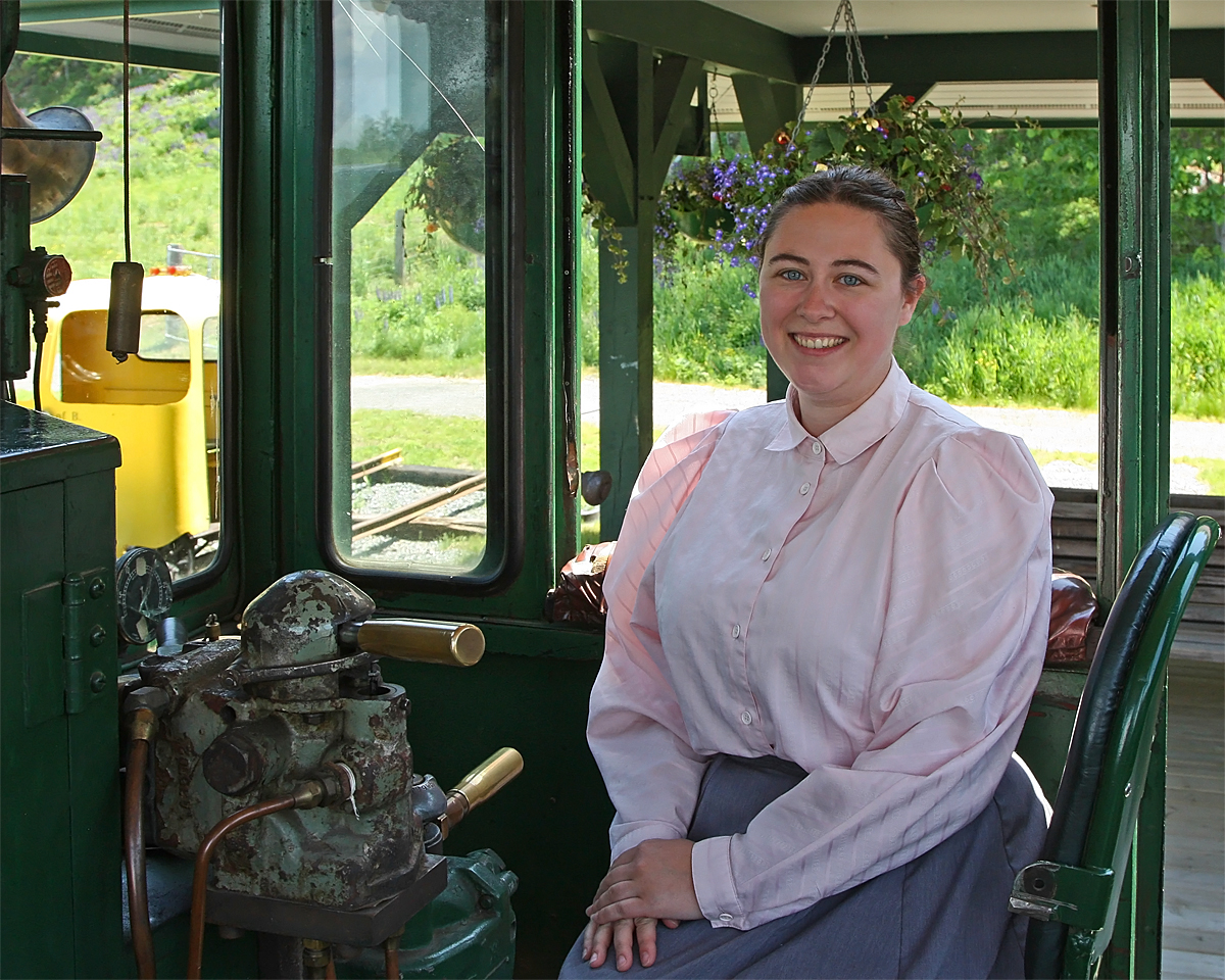 Emily works at the Pioneer Village which is a partner with our Huntsvile and Lake of Bays Railway at Mukoka Heritage Place, but she just loves it when she gets a chance to help out on the train, especially when she gets to ride in the cab! With over 100 riders today, about 80 of which were school kids, we needed the extra set of eyes and she was gracious enough to pose in the engineer\'s seat for a quick photo just before we left the station.