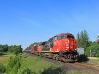 CN 450 with 2520 and 5621 doin' the elephant approach North Lancelot Road at Mile 140 (139.97 for the sticklers) CN Newmarket Sub. Check out 2520's "acid washed" look!