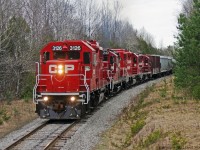 An assortment of power rounds the curve west of the former junction of the GBS in Dranoel Ontario.