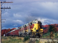 Psgr Extra 163 North has a full train of the "Jessie James" cars near the peak of the fall colour season. The cars were called "Jesse James" account they were old former DRGW built around 1912. The Psgr Extras were a Canyon Turn and were called when the regular trains No. 1 and No. 2 were at full capacity.