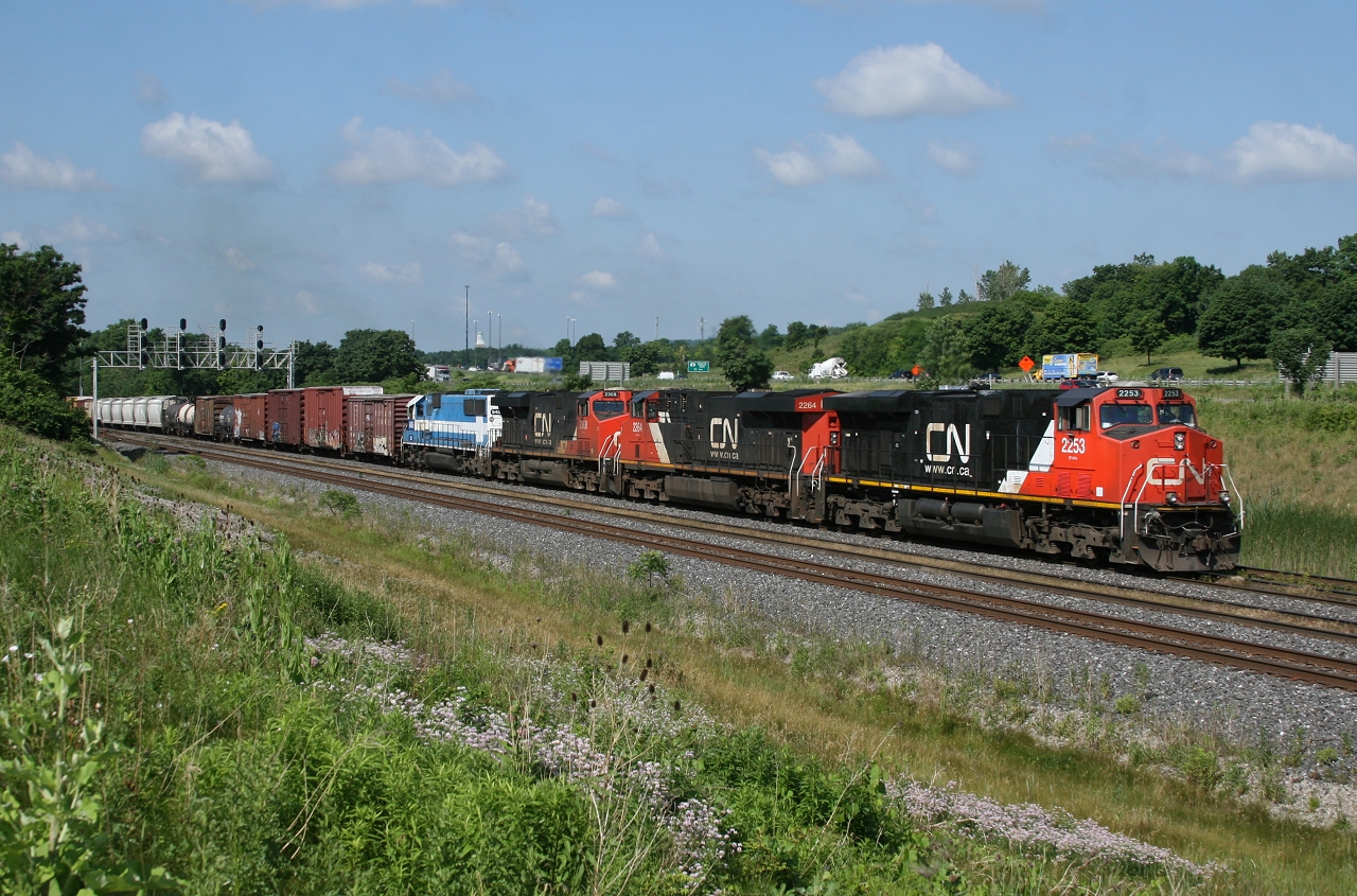 CN 2253, CN 2264, CN 2308 and CN 5425 bring 148's train through Snake.  CN 5425 is an SD60 recently purchased by CN, still wearing its Oakway colours.