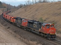 CN 8009 and 5639 lead six retired MLW's on CN 305 at Beare. On their way to Chicago are NBEC 1840, SFEX 4203, NBEC 4210, SFEX 4202, SFEX 4204, and NBEC 4214, all of CP heritage and all familiar with this location, albeit crossing the bridge on the Belleville Sub in the background. 1353hrs.