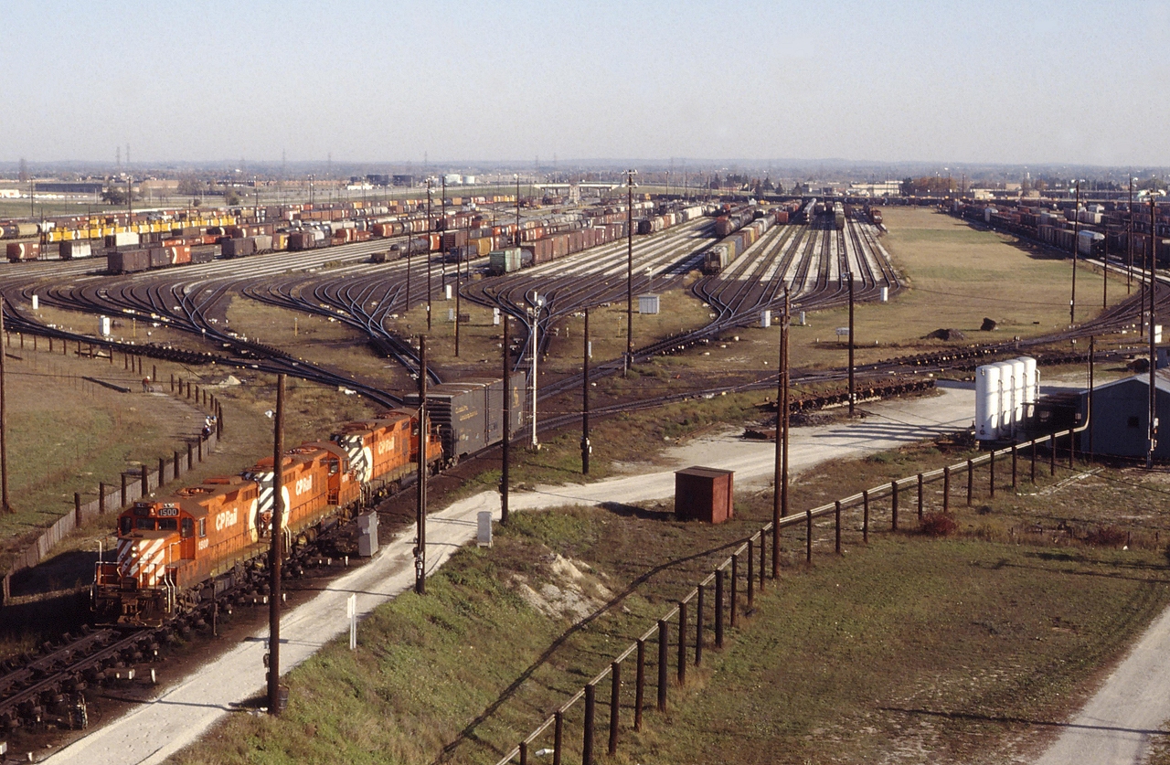 A trio of CP GP9's work the hump at Agincourt Yard in 1983