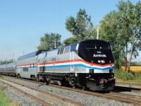 Amtrak 145 P42DC anniversary paint for 40 years of Amtrak 1971 - 2011 on rte 68 Adirondack  photo near St-Georges crossing in Lemoyne ( with Ocean view car 3001 doam car) 