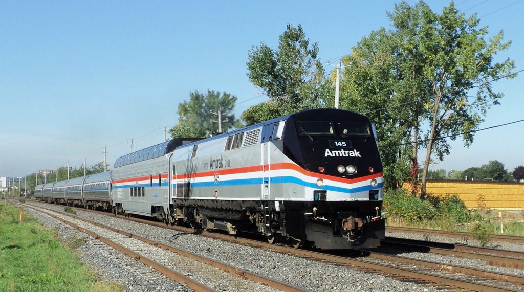 Amtrak 145 P-42DC anniversary paint for 40 years of Amtrak 1971 - 2011 on rte 68 Adirondack  photo near St-Georges crossing in Lemoyne ( with Ocean view car 3001 doam car)