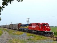The latest of the recent rebuilds CP 6229 leads CP 235 westbound thru Jeannette on its way towards Windsor in a light rain. I took this shot sitting in a tree.