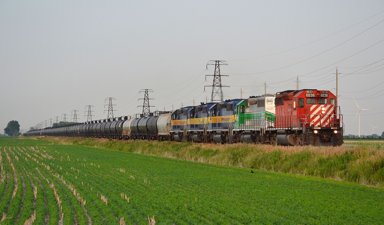 CP 641 led by a stellar all EMD lashup, heads westbound thru Haycroft mile and onward towards Windsor.