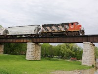 SOR 597 Crosses Ontario The Caledonia Bridge with RMPX 9431 in charge.