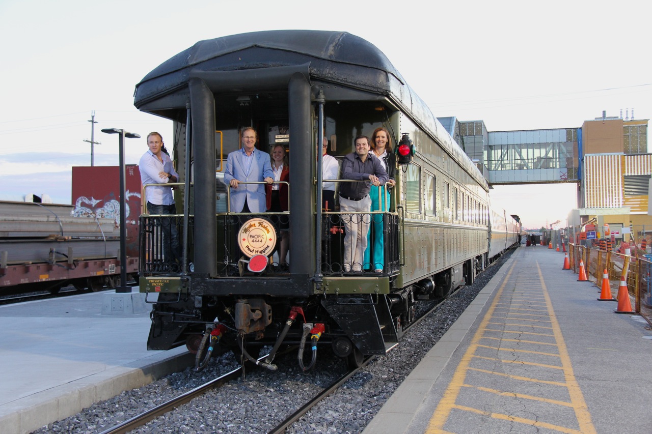 Quite a sight for 2012. Mother Parkers private car Pacific adds a timeless touch of elegance to the rear VIA train #67. This car is currently touring to raise money for Alzheimer's awareness in honour of the late Paul Higgins Senior.  A special thanks goes to the gentleman in the jacket for the tin of coffee and the rest of the passengers that add to the human element of this scene.