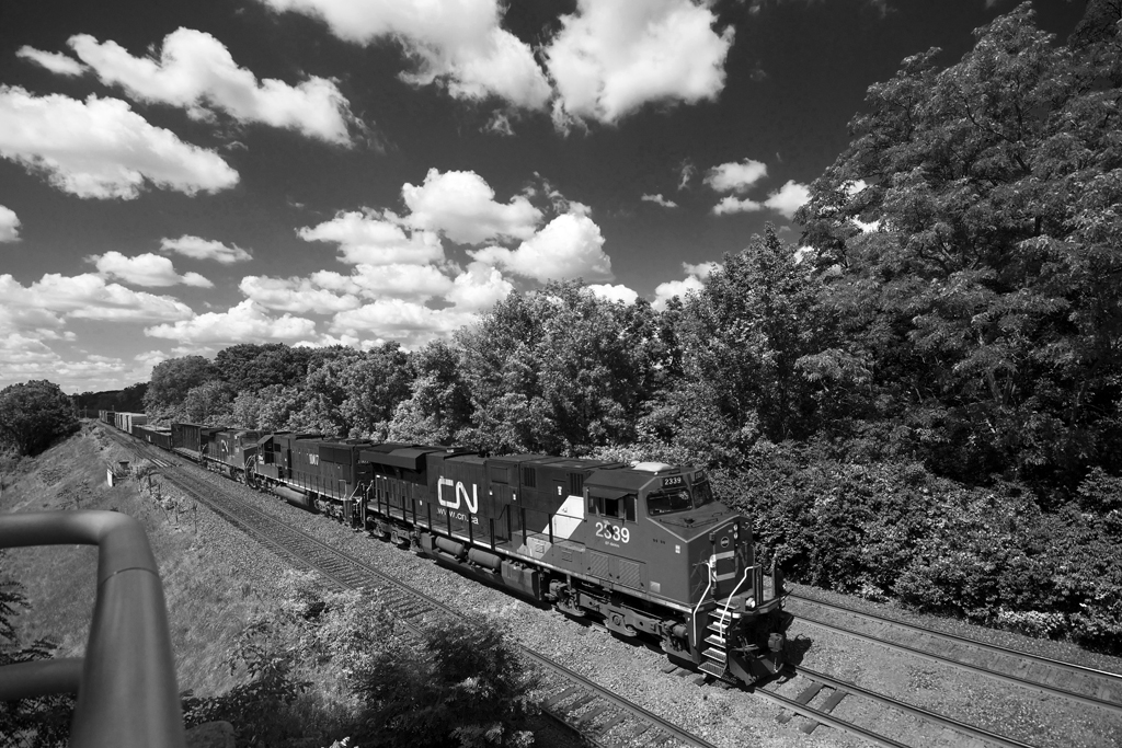CN 421's counterpart, 422, trudges up the grade out of Hamilton past the foamfest (not shown) that was happening at the annual Bayview meet.