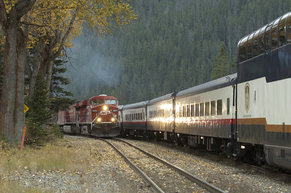 Eastbound stack train behind the 8883 meets a westbound Rocky Mountaineer at the east end of Field Yard.