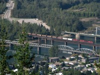 Grain empties 356 cross the Columbia River on Revelstoke's west side