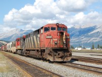 A general freight sitting in the yard before its departure from Jasper yard. Loco CN Dash 8-40cm #2407 lead this train.