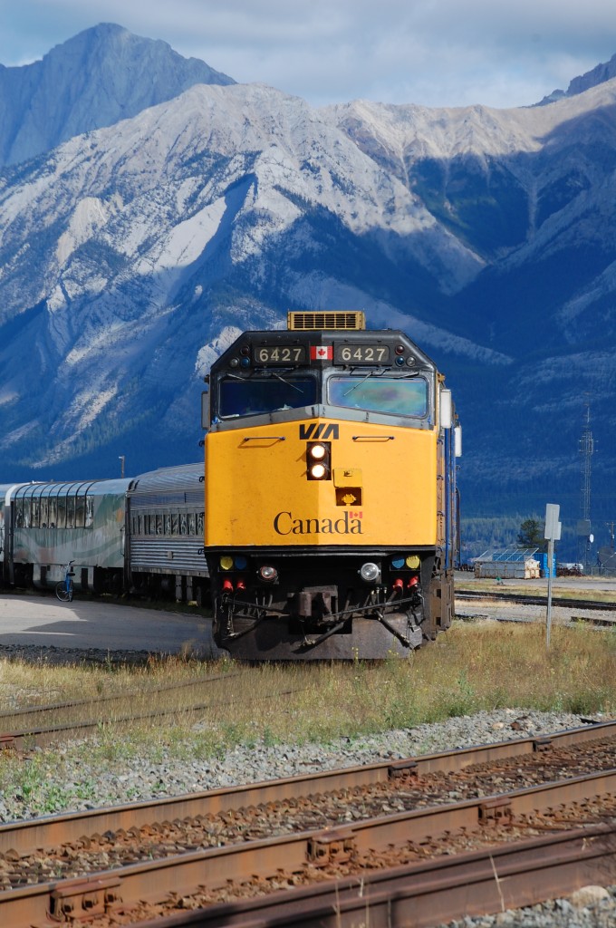 VIA #5 with a VIA F40PH-2 #6427 lead this VIA #5 before its departure from Jasper to Prince Rupert, BC