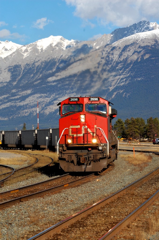 A coal train CN departure of Jasper yard enroute to Robert bank BC with a CN Dash 9-44CW #2696.