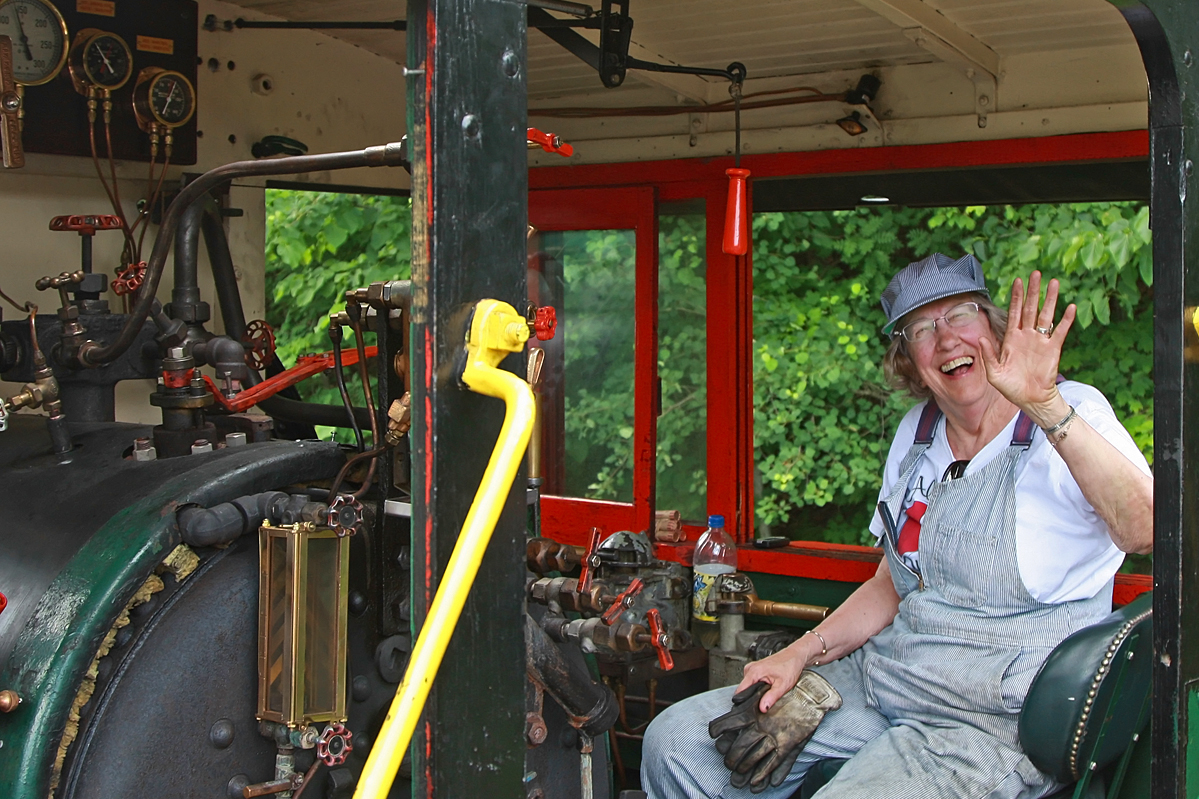 Marge is 79 years young, and as a girl of 20 she had 3 goals in life; she wanted to fly in an airplane, downhill ski and drive a steam locomotive. In those days the first two were pastimes of the wealthy only, but as time carried on she did both, and ended up flying all over the world with her consulting business. The locomotive operation eluded her and all too soon steam gave way to diesels, and she thought her chance had gone for good. Then this year Muskoka Heritage Place announced the Portage Flyer Engineer for a Day program, and she was the first to jump aboard doing 3 of the 4 runs this Canada Day (she observed for the first run). I swear by the end of the day her cheeks must have been hurting like hell from grinning like a kid in a candy store for hours on end! Marge, it was an honour and a pleasure to fire for you today!