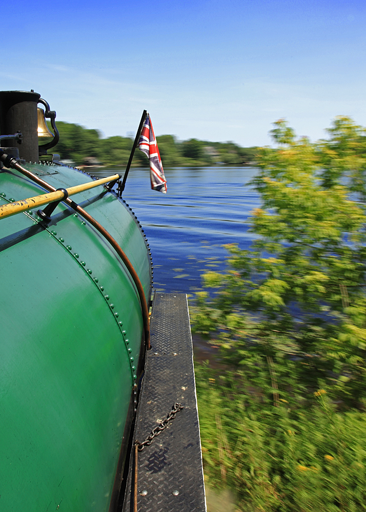 To those not used to it this view of old Number 2 seemingly preparing to take a dive into the Muskoka River where it flows into Fairy Lake could be a bit disconcerting. No worries though, it's just the view I get when my brakeman and fireman are spinning me around on the little turntable at the east end of the line in preparation for running around the train prior to hauling it back to Rotary Village Station at the other end.