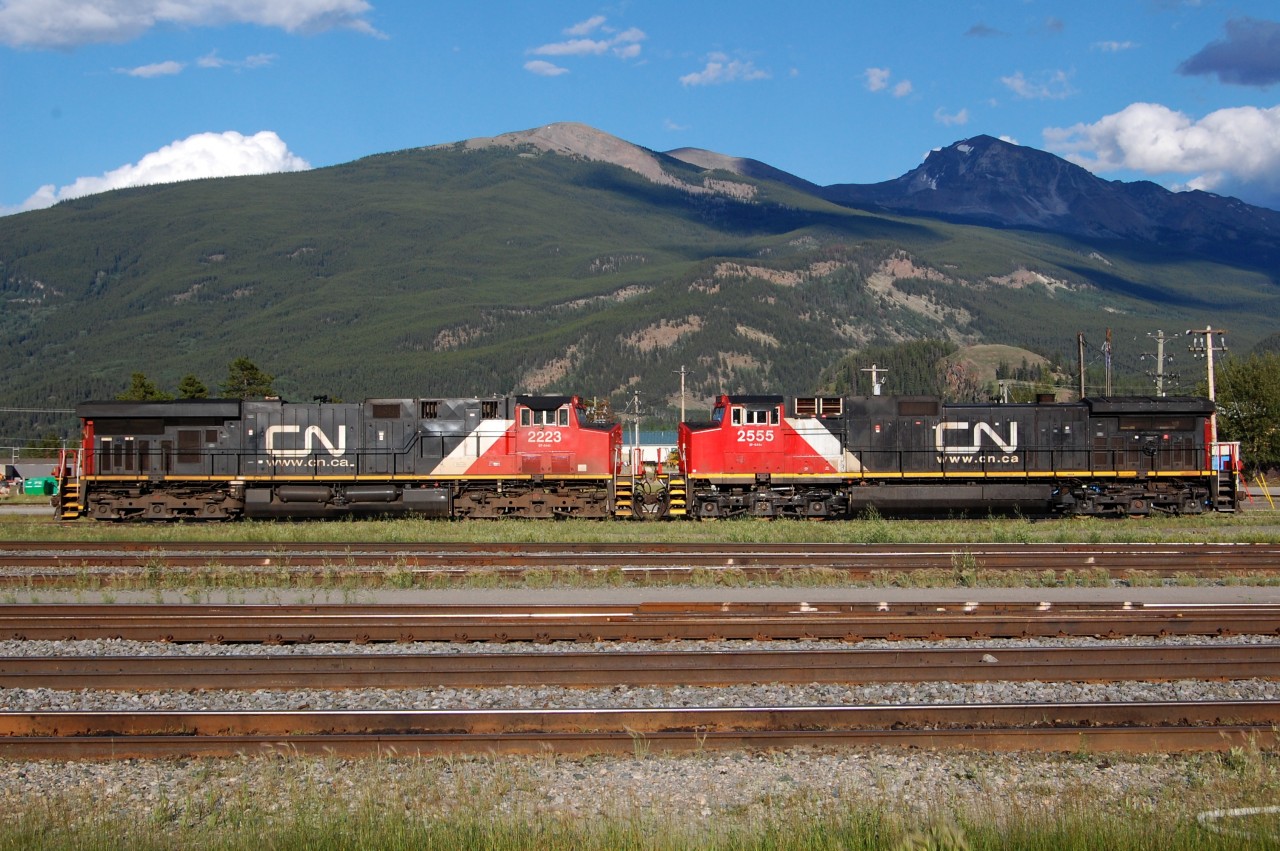 An CN ES44DC #2223 and a Dash 9-44CW #2555 face to face unassigned, waiting for the next job on another train.