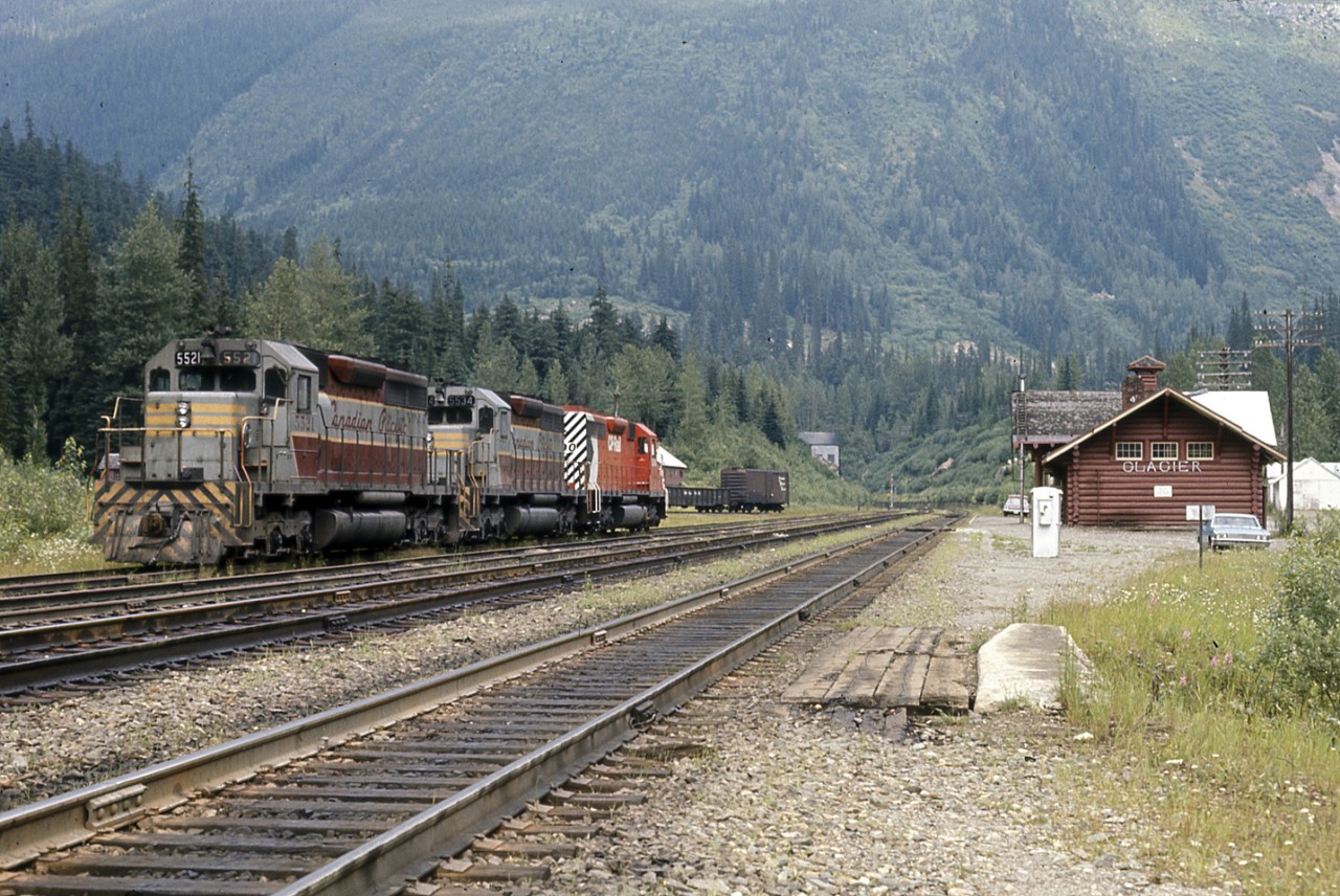 A trio of SD40's, two still in their as delivered livery, rest from their pusher duties at Glacier.  Eventually, they would be replaced by -2's and other than an occasional shove necessitated by maintenance, the days of manned pushers on CP are over.