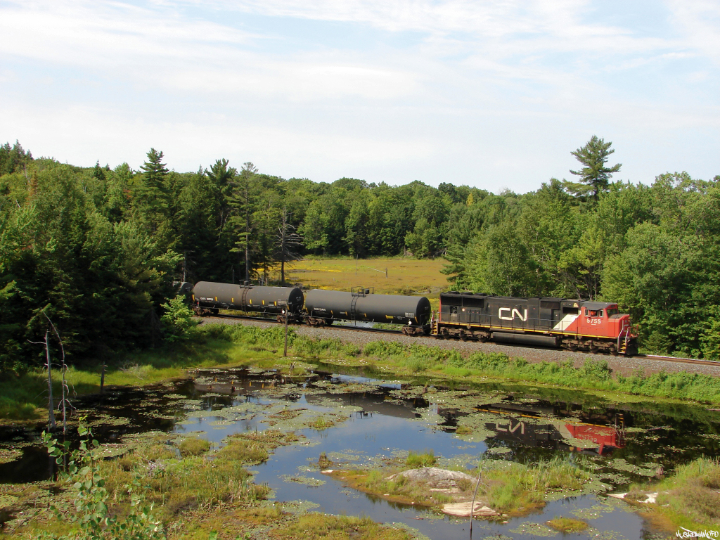 CN M30131 18 – CN 5755 North seen between Dock Siding and Falding with a short train of 64 cars.
