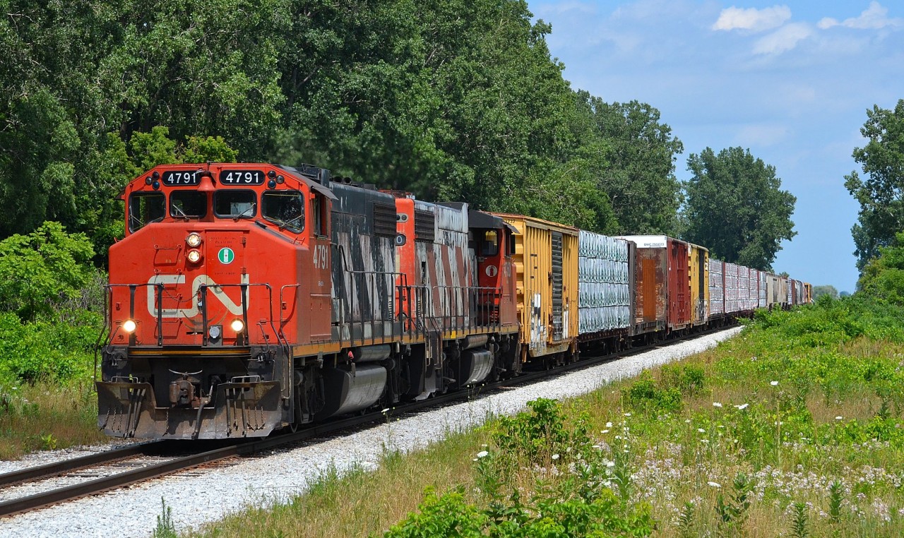 CN 439 led by a pair of GP38-2Ws heads westbound thru Jeannettes Creek on its return trip from London to Windsor.