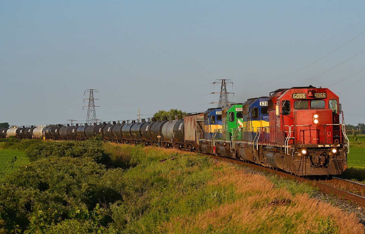 CP 645 with an awesome all EMD lashup, rounds the bend westbound thru Tilbury headed for Walkerville