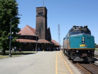 Via 6454 sits with train 72 along side the Brantford Station.  They encountered some bugs on the trip from London judging by the nose of the unit.