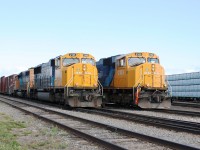 As train 214 with ONT 2105 leading builds its air pressure for the trip to North Bay, the Englehart Yard job with ONT 2103 on the point rolls alongside 214 making for a neat meet.