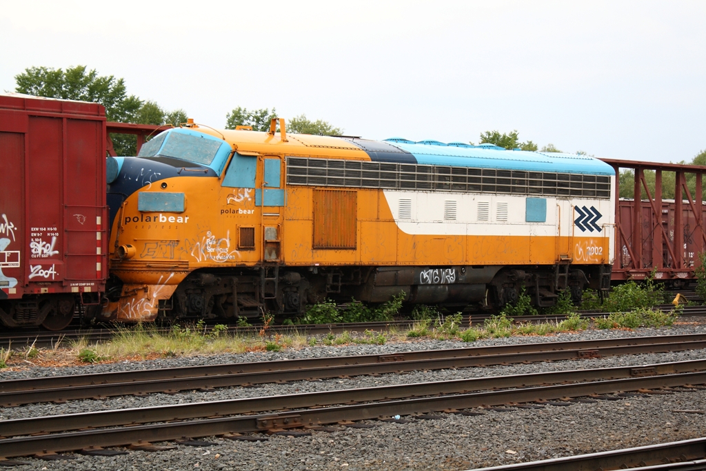 ONT 2002 the last remaining ONR FP7 sits awaiting it's fait on a yard track in North Bay, near the OVR shops.  It is sad to see this unit in this condition