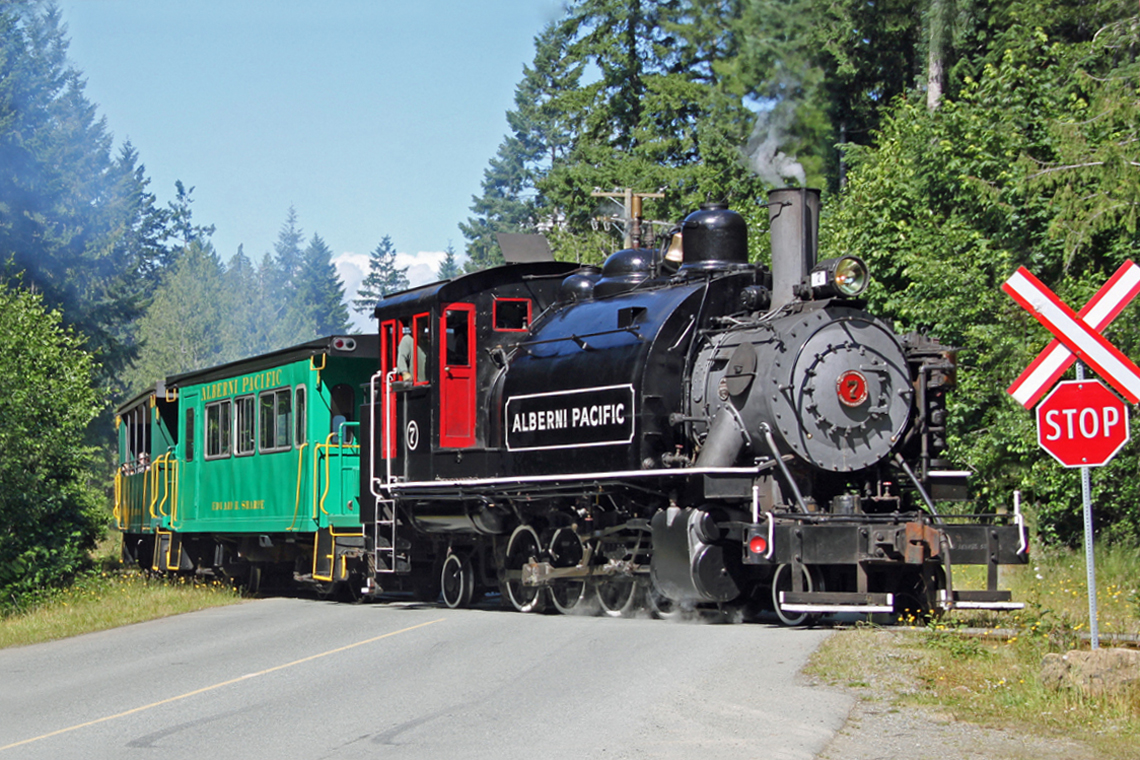 Alberni Pacific No. 7 arrives at McLean Mill National historic Site