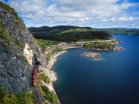 Canadian Pacific train No. 409 curves through Mink Tunnel along the spectacular shoreline of Lake Superior at Coldwell, Ontario. In my notebook from 1993, it says it was a one hour climb up to this viewpoint, and another hour down; and I was a lot younger back then too!