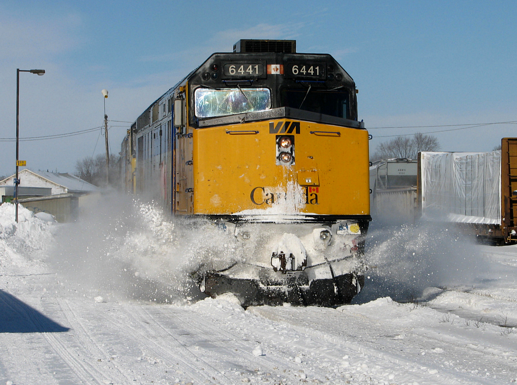 A 2hr late #70 finally arrives into Brantford. The delay was caused by a broken rail near Chatham due to the severe winter storm the day before.