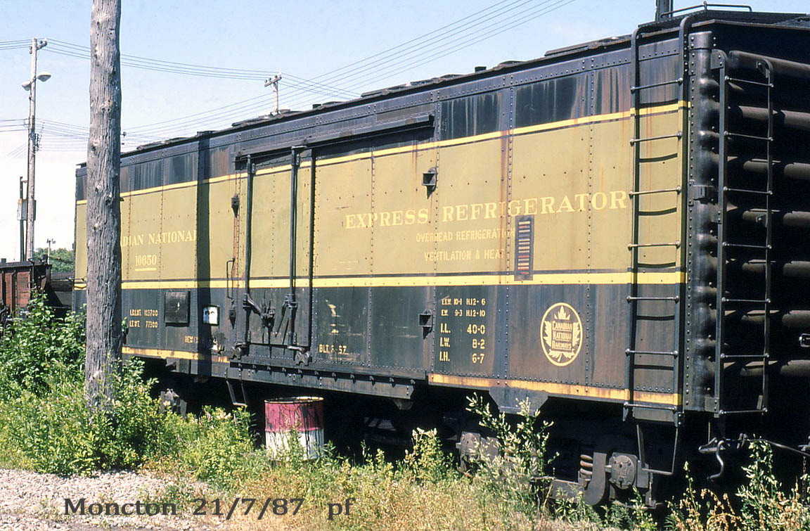 A refrigerator car in its CN green parked near the station in oncton NB.