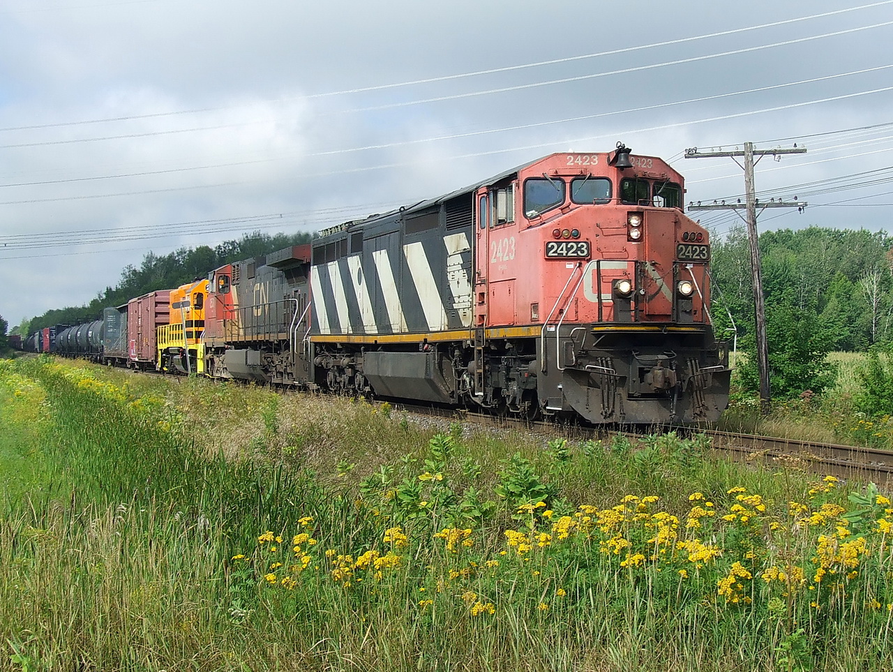 CN 310 on its way to Joffre yard at track speed with 2531 and QG 2303 trailing.