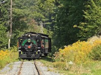 Coming out of the woods HLBR #2 has reached the top of the 3.5% grade returning from Fairy Lake and is approaching Rotary Village Station.