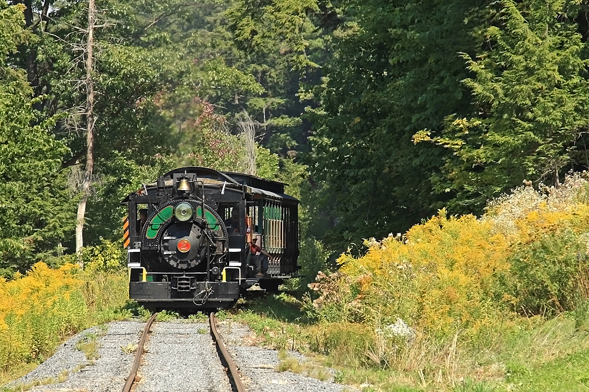Coming out of the woods HLBR #2 has reached the top of the 3.5% grade returning from Fairy Lake and is approaching Rotary Village Station.
