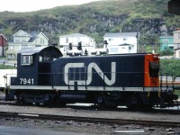 CN NW2 7941 idles at Port Aux Basques, Newfoundland.  This unit was used to offload the freight cars from the ferry and move them to have their standard gauge trucks swapped out with narrow gauge trucks for the journey across Newfoundland.