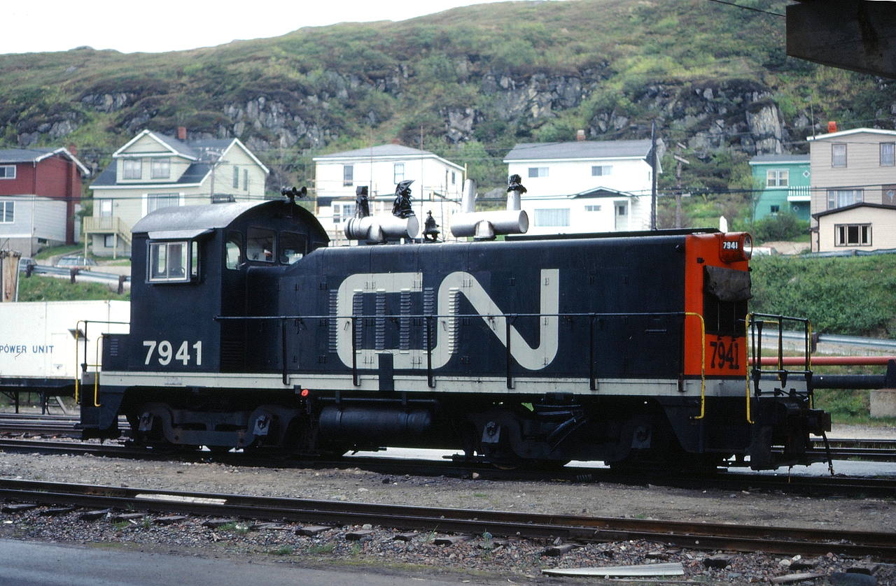 CN NW2 7941 idles at Port Aux Basques, Newfoundland.  This unit was used to offload the freight cars from the ferry and move them to have their standard gauge trucks swapped out with narrow gauge trucks for the journey across Newfoundland.